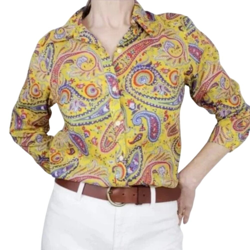 Lauren Ralph Lauren Womens Size Medium Yellow Paisley Print Button Up Shirt Top